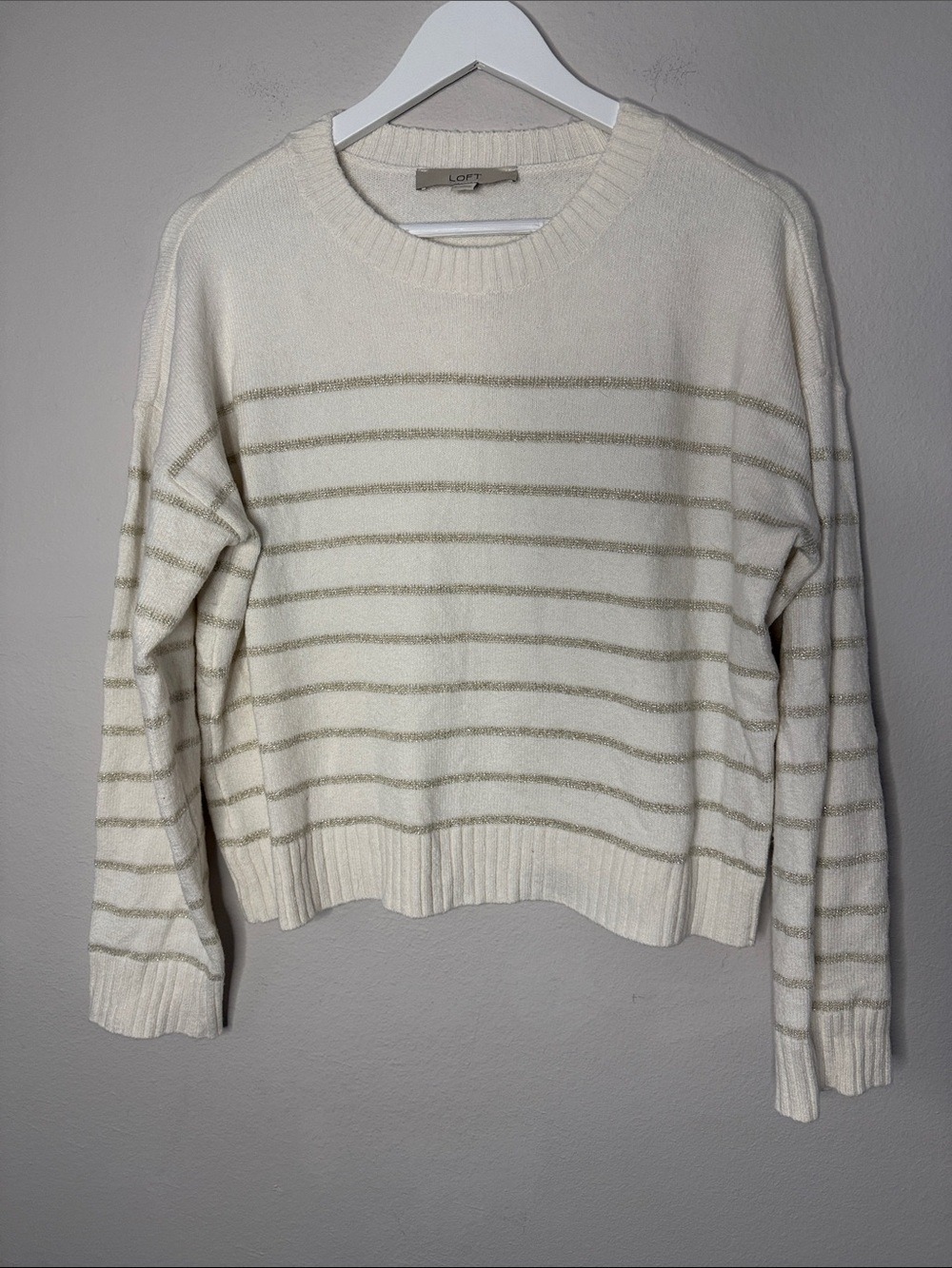 LOFT Cream & Gold Shimmer Striped Crewneck Sweater - Size S- [NY0787]